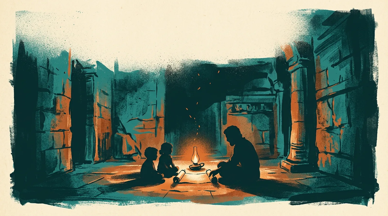 A father and two children around an open glowing scroll in lamplight