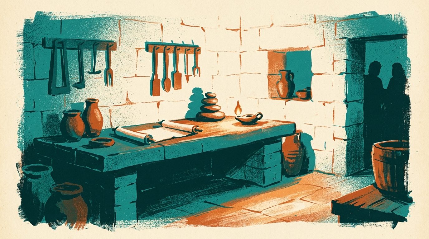 Painterly illustration of an ancient workshop with scrolls, clay jars and a glowing oil lamp